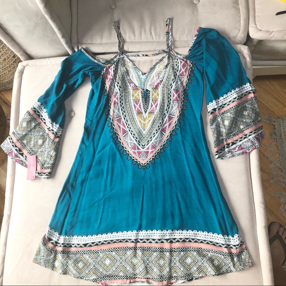 Xhiliration Teal Mosiac Boho Dress - Picture 8 of 15